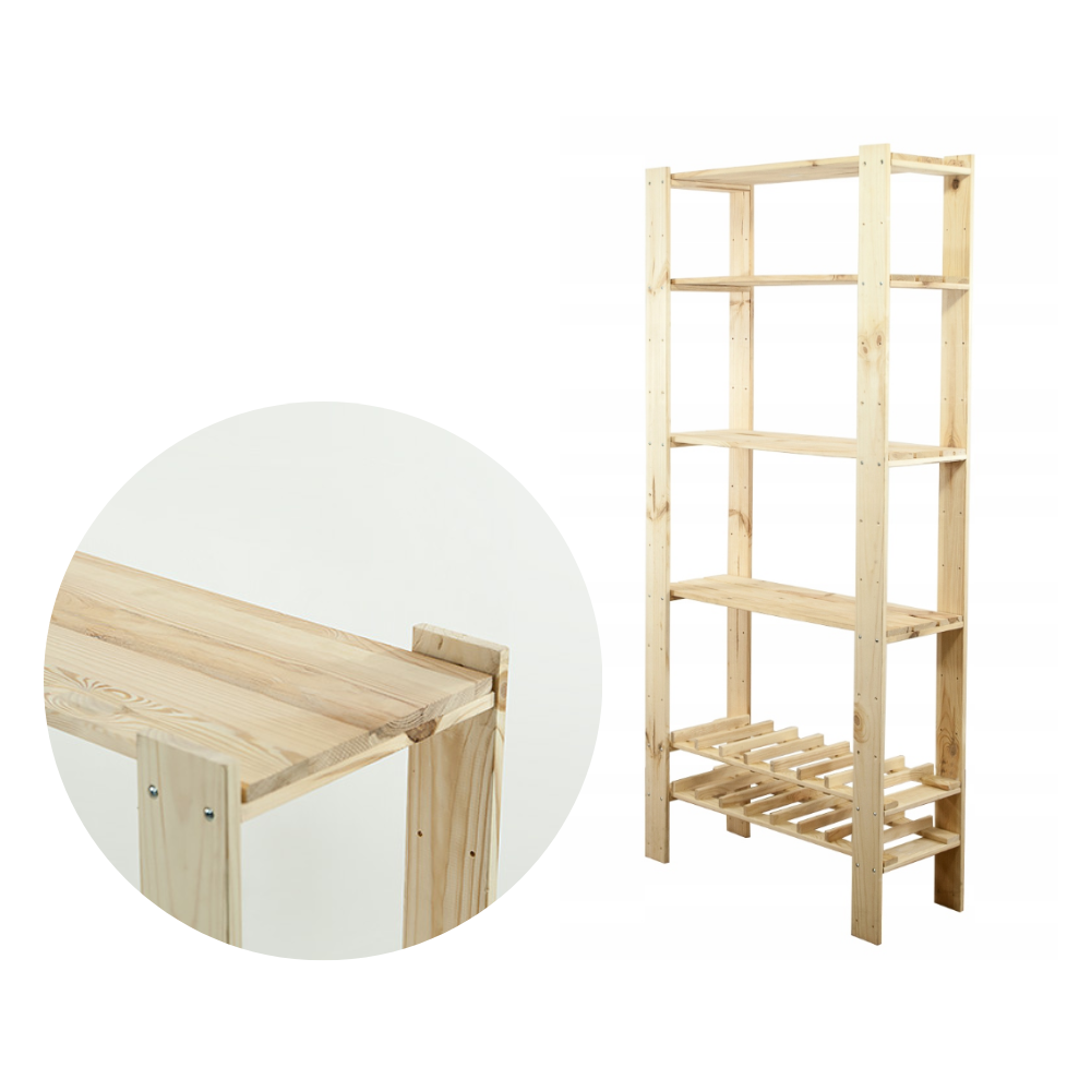 MAXI Surowy Regał Drewniany 166,4x80x30 cm 4 Półki pełne 2 Półki na butelki