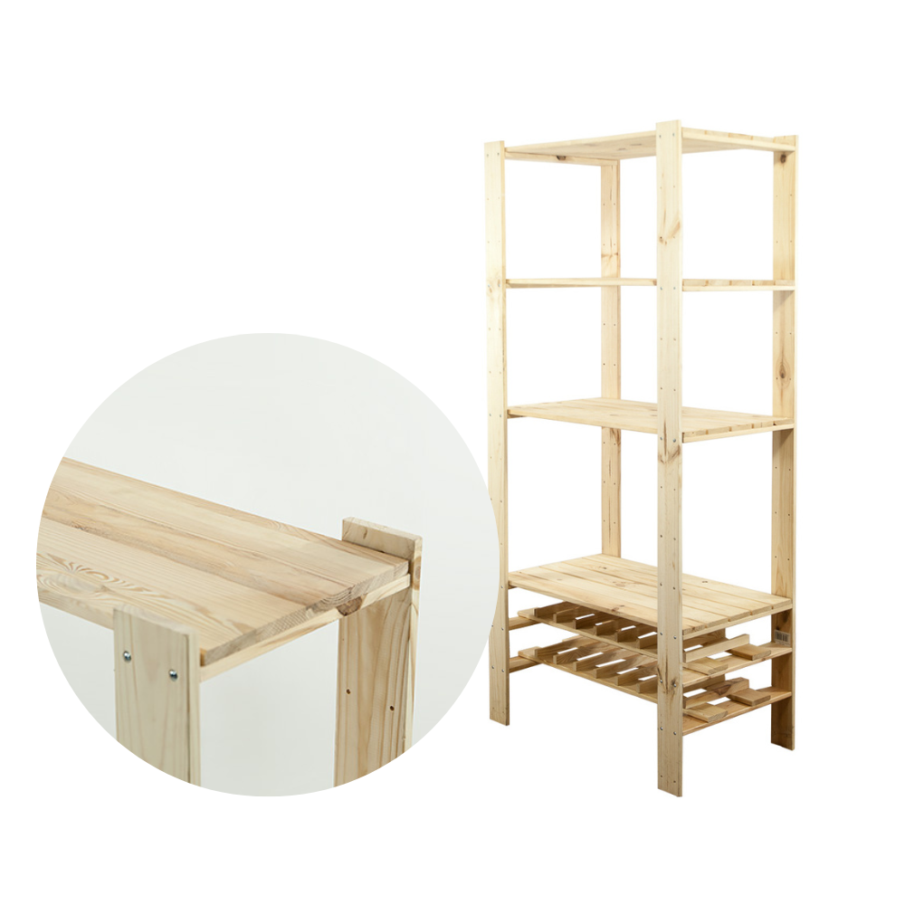 MAXI Surowy Regał Drewniany 166,4x80x50 cm 4 Półki pełne 2 Półki na butelki