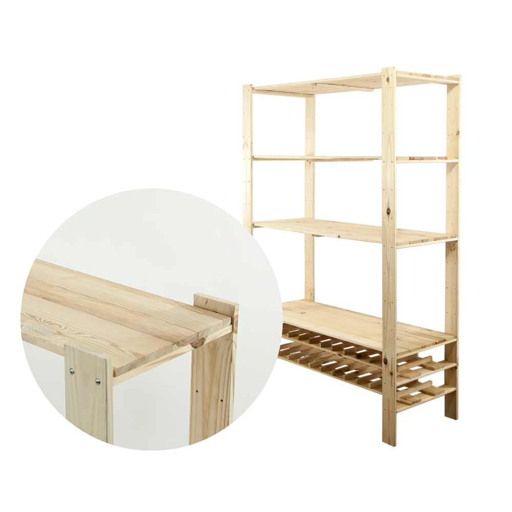 MAXI Surowy Regał Drewniany 166,4x120x50 cm 4 Półki pełne 2 Półki na butelki