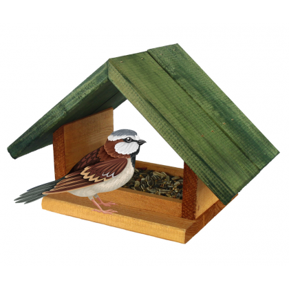 Karmnik drewniany dla ptaków K-10 - Olcha + zielony daszek