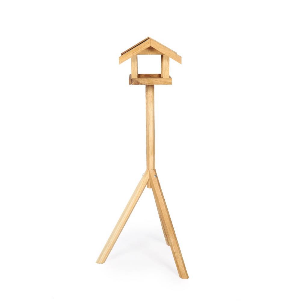 Dębowy karmnik dla ptaków z nóżką KD - daszek dwuspadowy