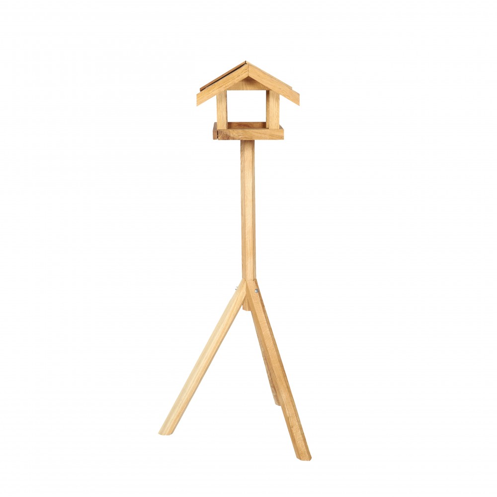 Dębowy karmnik dla ptaków z nóżką KD - daszek dwuspadowy