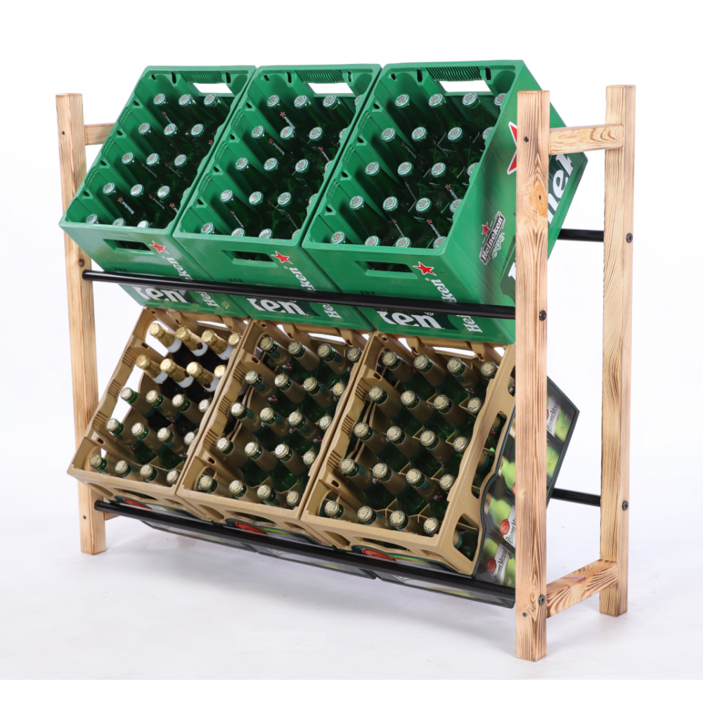 Stojak na skrzynki na napoje piwo regał szeroki 2 półki METALOWE DRĄŻKI EKO