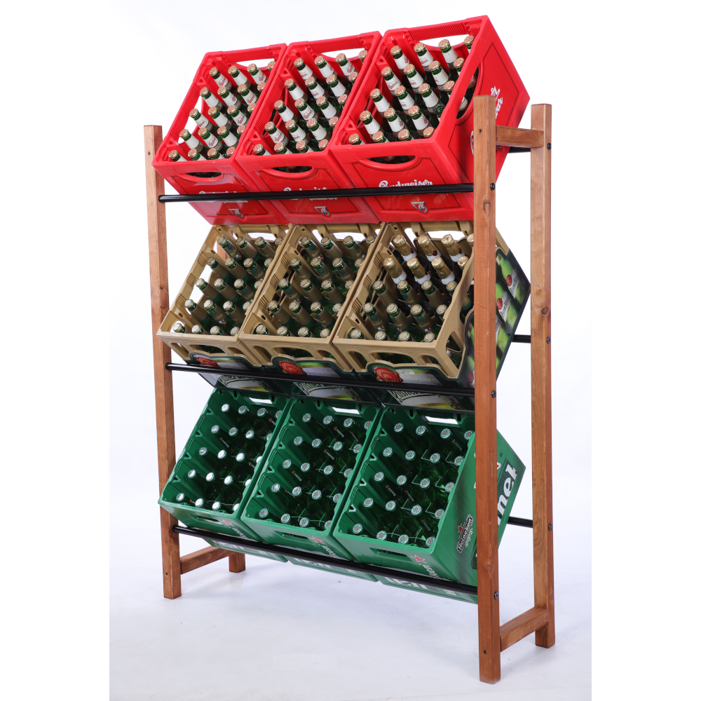 DREWNIANO-METALOWY STOJAK na skrzynki na napoje piwo REGAŁ szeroki 3 PÓŁKI