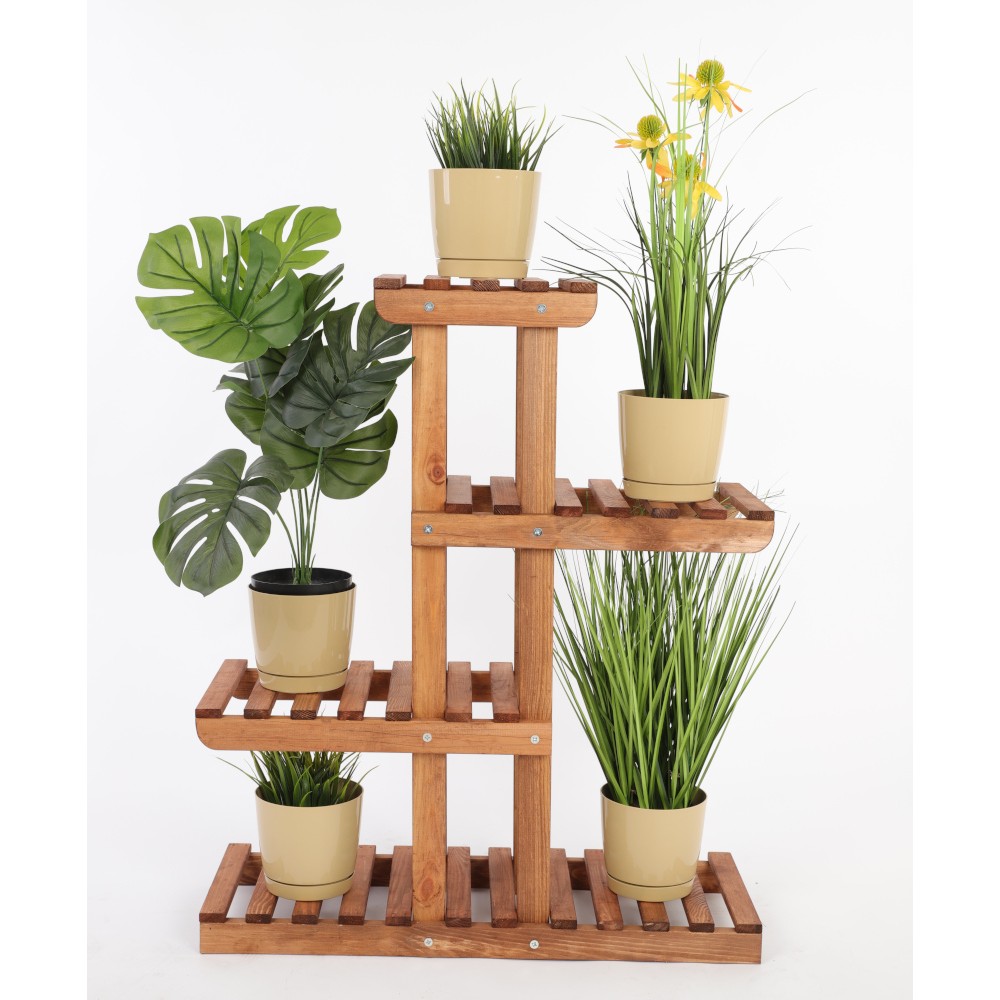 Drewniany kwietnik stojący na 6 doniczek regał  OPALANE DREWNO EKOLOGICZNY