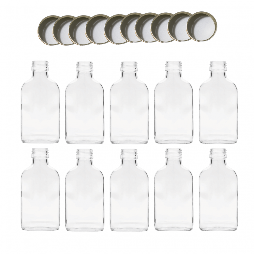 Butelki 100 ml piersiówki płaskie na sok nalewki fi28 10szt NAKRĘTKI PZH