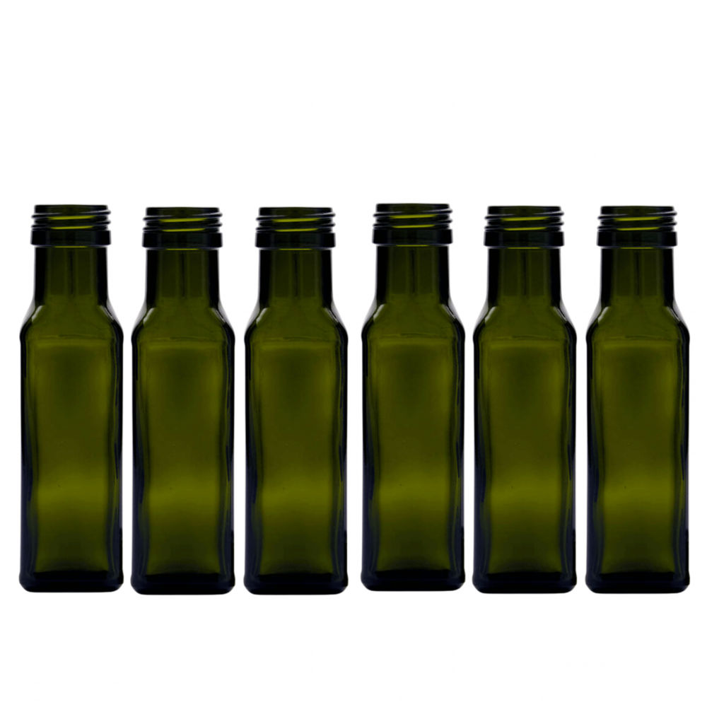 Butelki 100 ml maraski kwadratowe zielone na oliwę fi31 6szt BEZ NAKRETEK