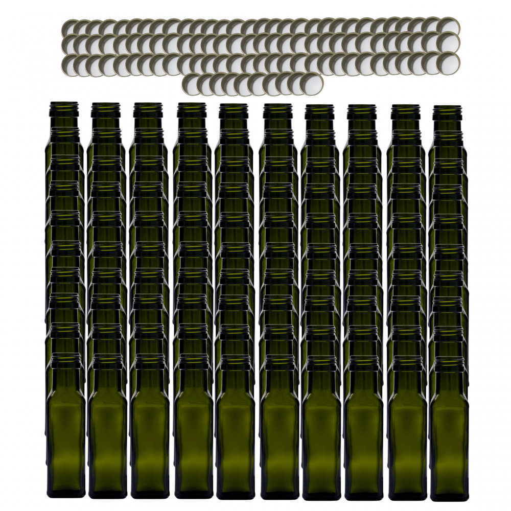 Butelki 100 ml maraski kwadratowe zielone na oliwę fi31 100szt NAKRĘTKI