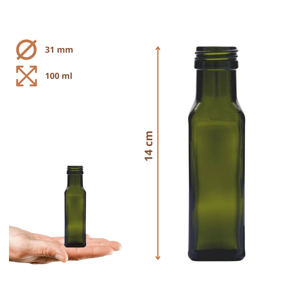 Butelki 100 ml maraski kwadratowe zielone na oliwę fi31 100szt NAKRĘTKI