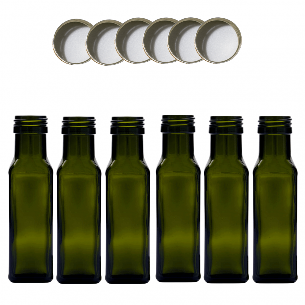 Butelki 100 ml maraski kwadratowe zielone na olej oliwę fi31 6szt NAKRĘTKI