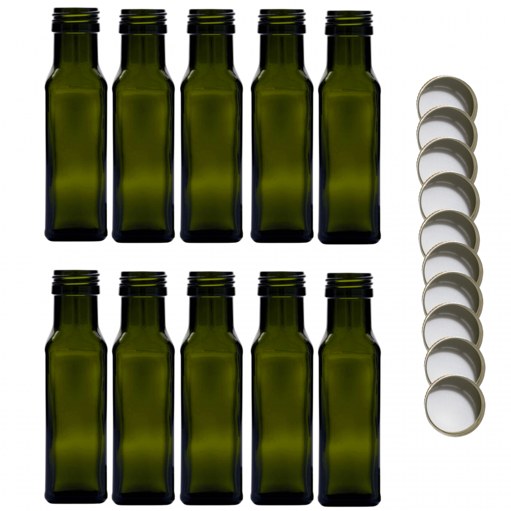 Butelki 100 ml maraski kwadratowe zielone na olej oliwę fi31 10szt NAKRĘTKI