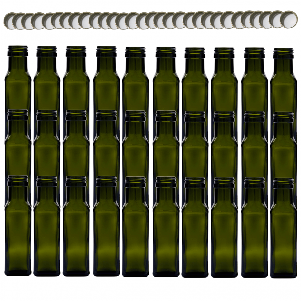 Butelki 100 ml maraski kwadratowe zielone na olej oliwę fi31 30szt NAKRĘTKI