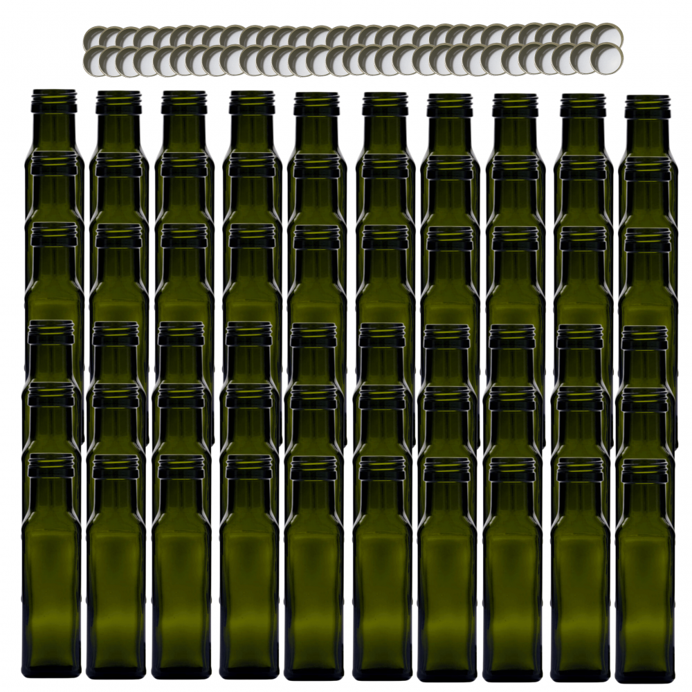 Butelki 100 ml maraski kwadratowe zielone na olej oliwę fi31 60szt NAKRĘTKI