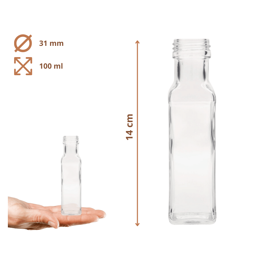 Butelki 100 ml maraski kwadratowe soki na oliwę fi31 100szt BEZ NAKRETEK