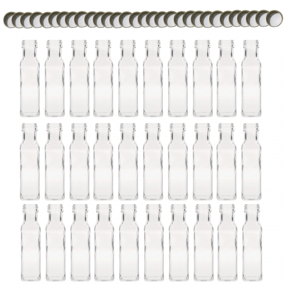 Butelki 100 ml maraski kwadratowe soki na olej oliwę fi31 30szt NAKRĘTKI