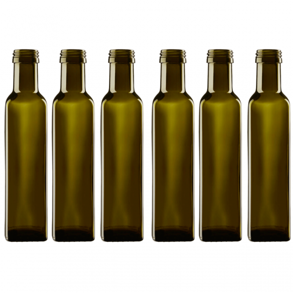 Butelki 250 ml maraski kwadratowe zielone oliwa fi31 6szt BEZ NAKRETEK