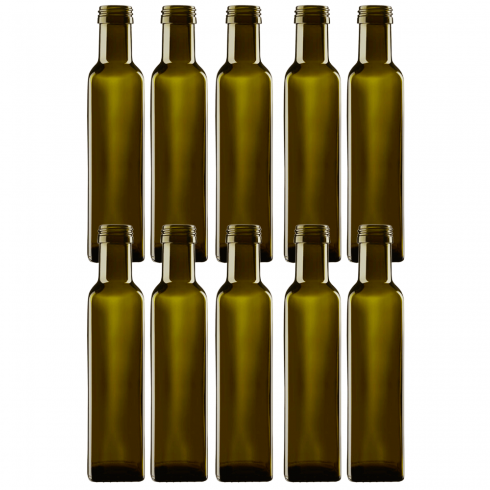Butelki 250 ml maraski kwadratowe zielone oliwa fi31 10szt BEZ NAKRETEK