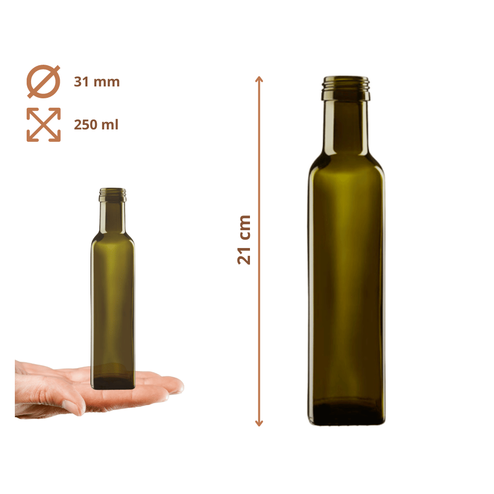 Butelki 250 ml maraski kwadratowe zielone oliwa fi31 30szt BEZ NAKRETEK