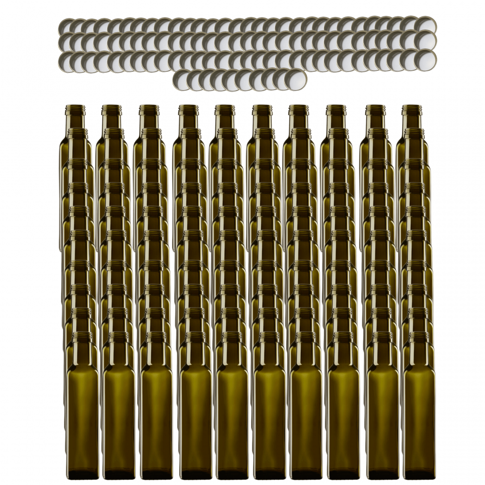 Butelki 250ml maraski kwadratowe zielone na olej oliwę fi31 100szt NAKRĘTKI