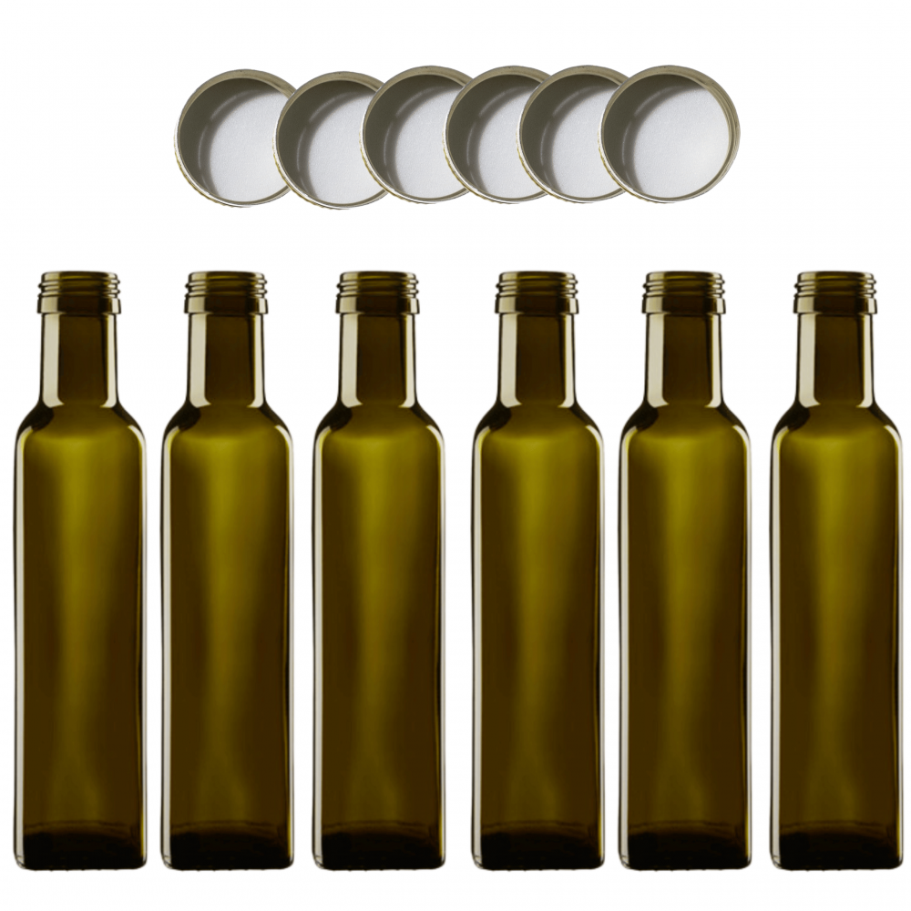 Butelki 250 ml maraski kwadratowe zielone na olej oliwę fi31 6szt NAKRĘTKI