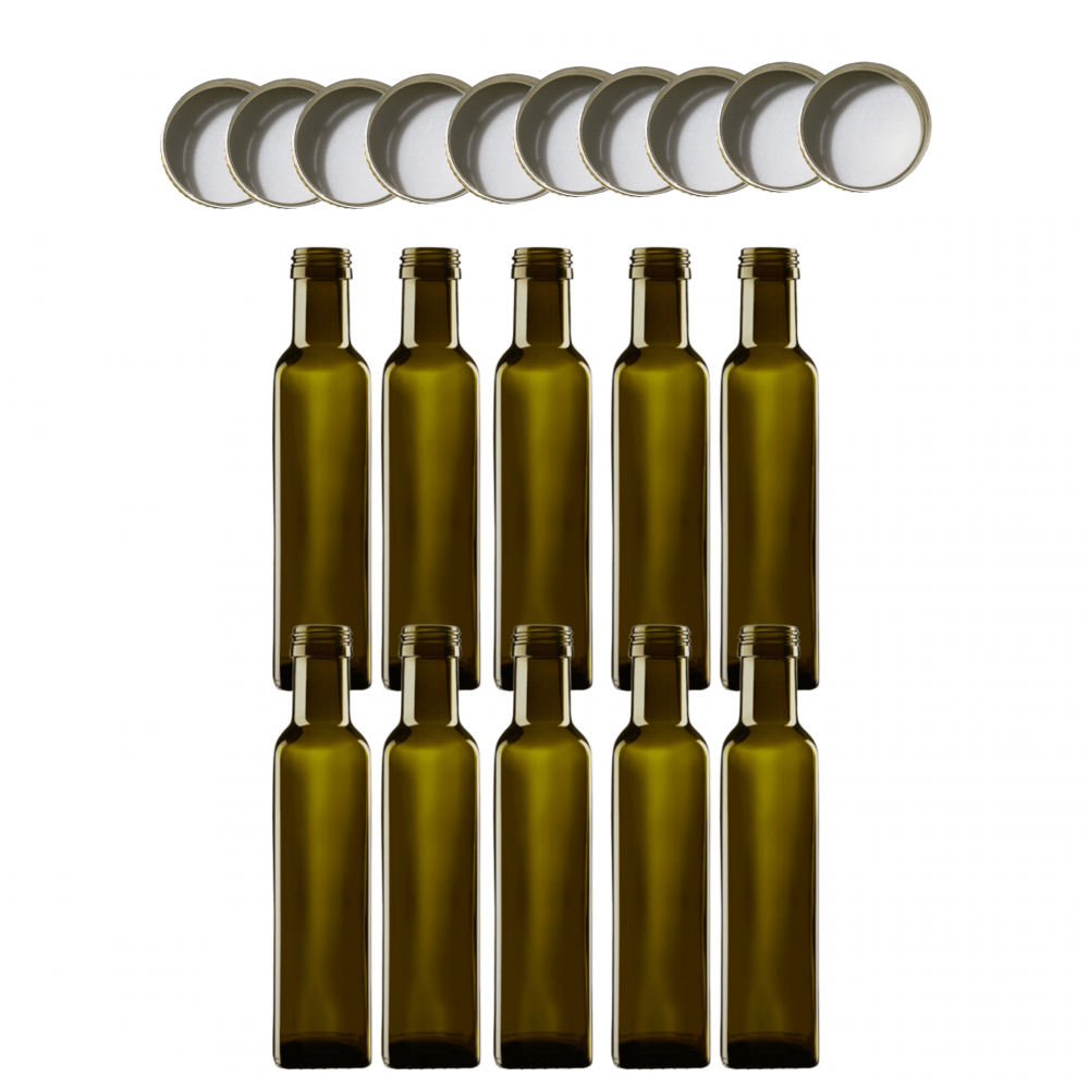 Butelki 250 ml maraski kwadratowe zielone na olej oliwę fi31 10szt NAKRĘTKI