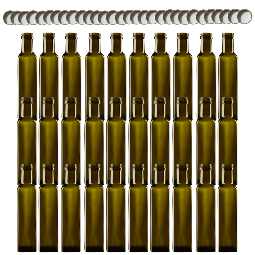 Butelki 250 ml maraski kwadratowe zielone na olej oliwę fi31 30szt NAKRĘTKI