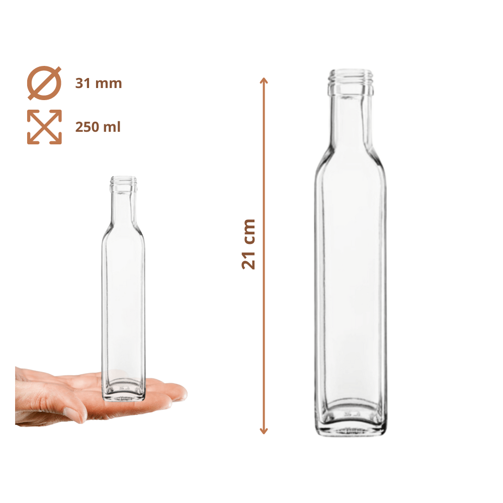 Butelki 250 ml maraski kwadratowe soki na olej oliwę fi31 30szt NAKRĘTKI