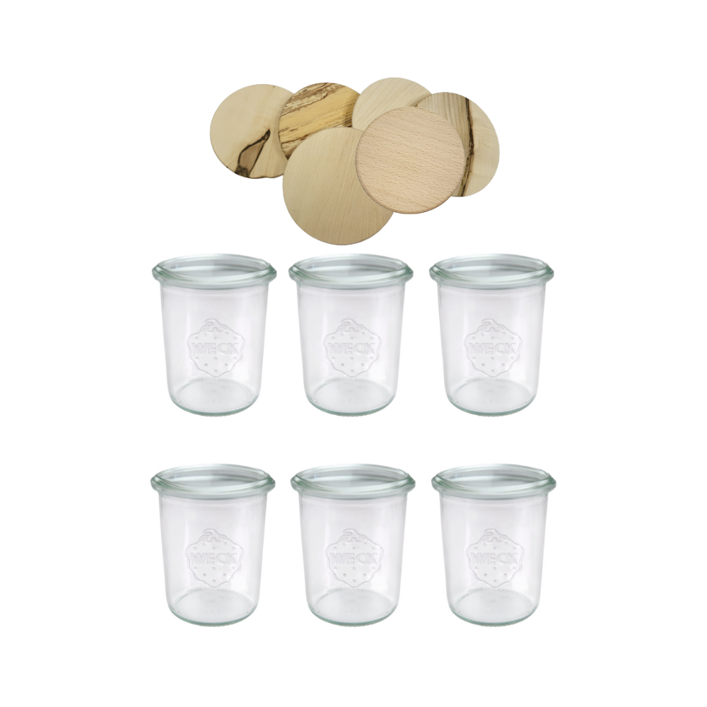 Słoiki Weck 160ml przetwory MOLD żaroodporne drewniane wieka 6szt SOLIDNE