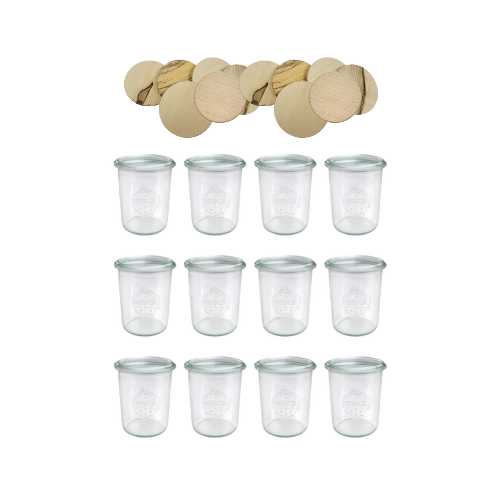 Słoiki Weck 160ml przetwory MOLD żaroodporne drewniane wieka 12szt SOLIDNE