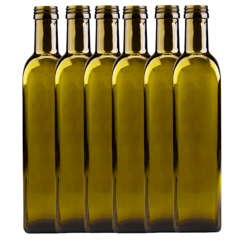 Butelki 500 ml maraski kwadratowe zielone na oliwę fi31 6szt BEZ NAKRETEK