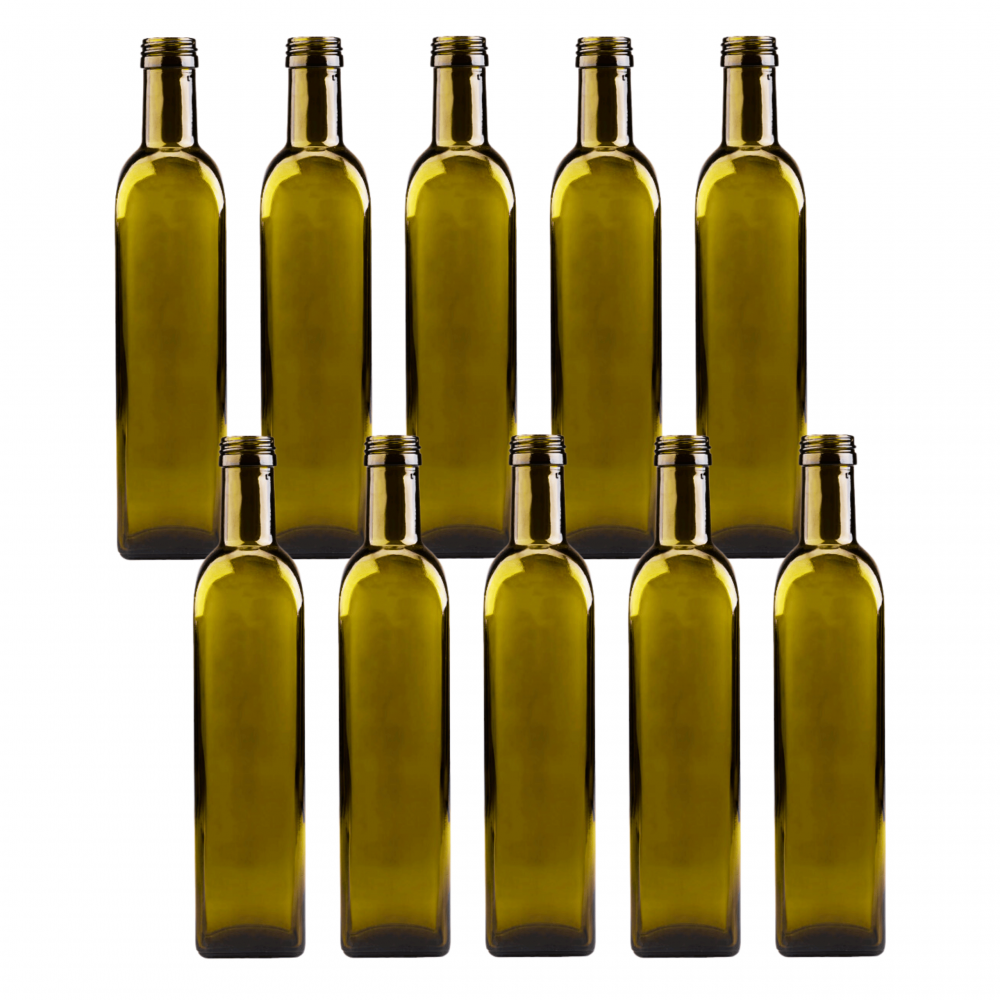 Butelki 500 ml maraski kwadratowe zielone na oliwę fi31 10szt BEZ NAKRETEK