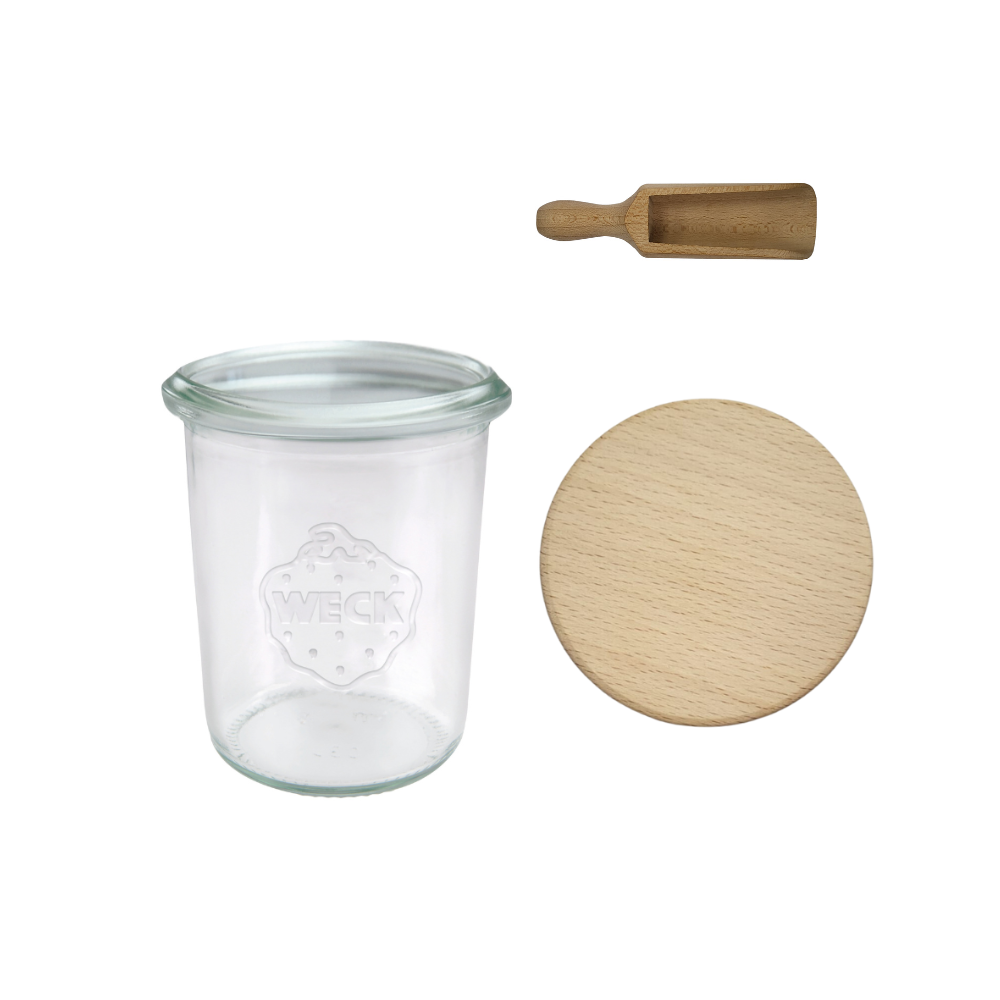 Słoiki Weck 160ml przetwory MOLD żaroodporne drewniane wieka 6szt miarka