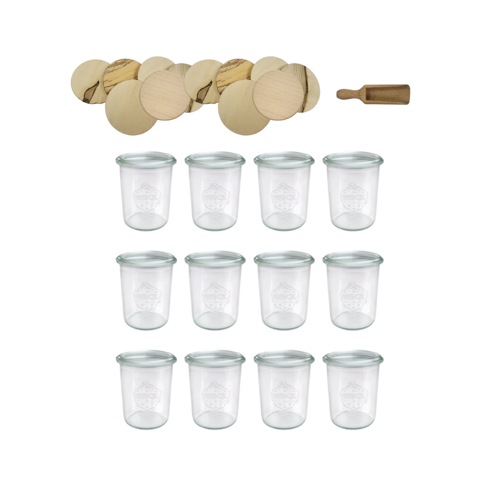 Słoiki Weck 160ml przetwory MOLD żaroodporne drewniane wieka 12szt miarka