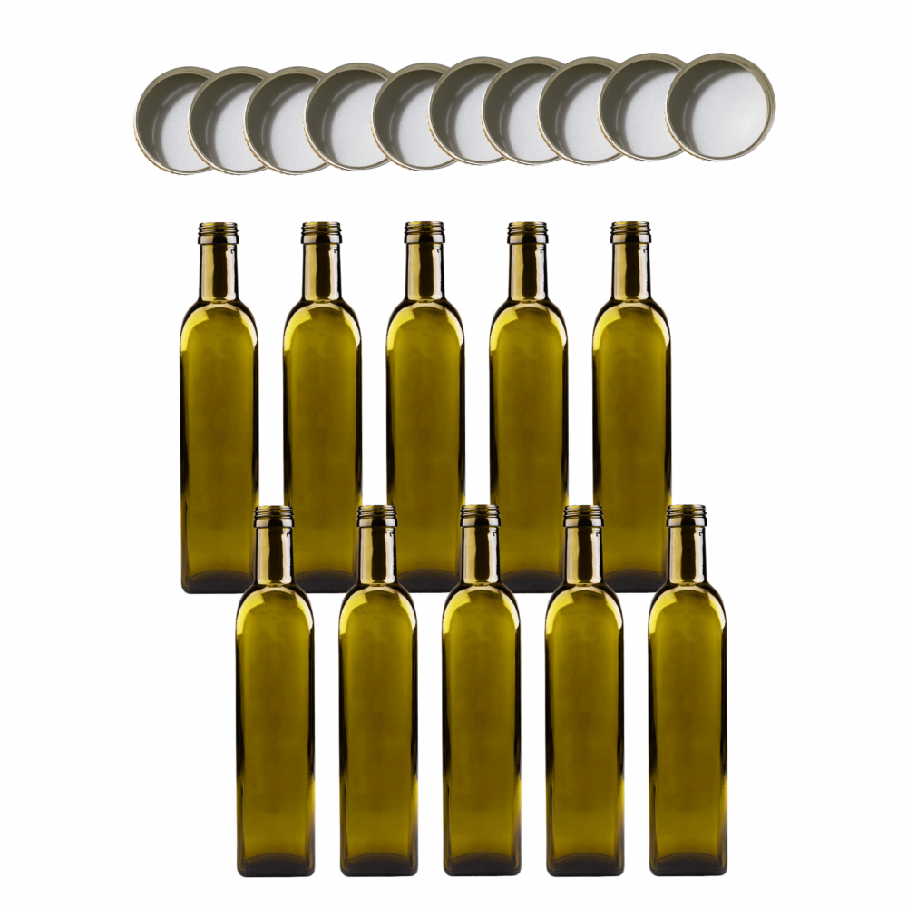 Butelki 500 ml maraski kwadratowe zielone na olej oliwę fi31 10szt NAKRĘTKI