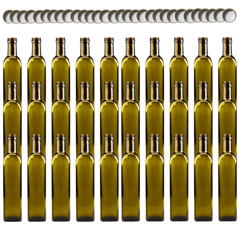 Butelki 500 ml maraski kwadratowe zielone na olej oliwę fi31 30szt NAKRĘTKI