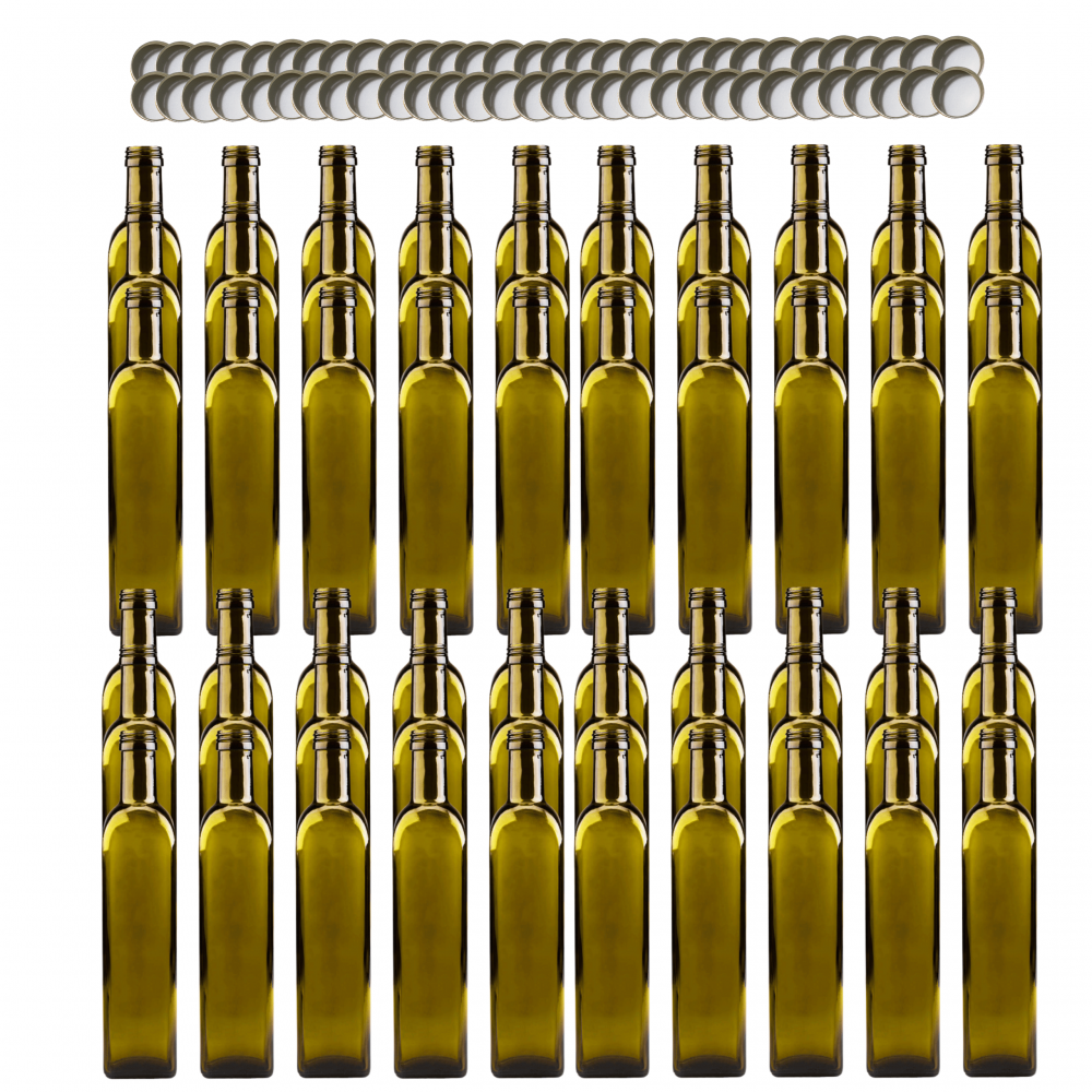 Butelki 500 ml maraski kwadratowe zielone na olej oliwę fi31 60szt NAKRĘTKI