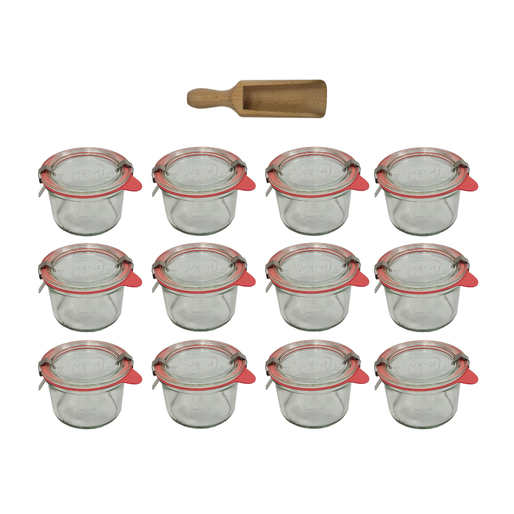 Słoiki Weck 200ml pucharek MOLD żaroodporne miara spinki wieko gumka 12szt