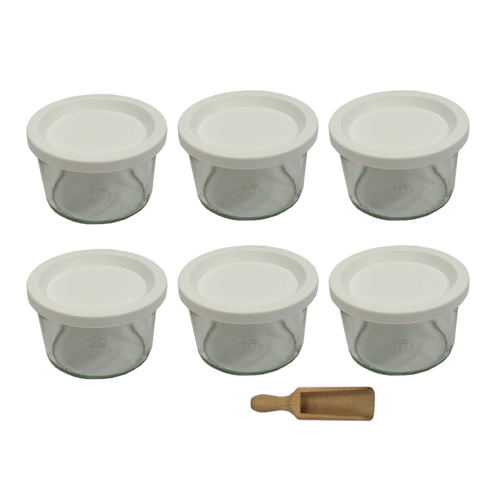 Słoiki Weck 200ml pucharek MOLD żaroodporne plastikowe wieka MIARKA 6szt
