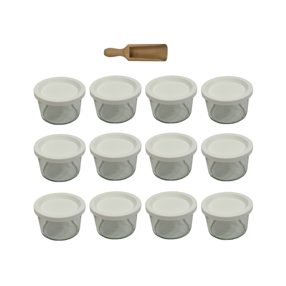 Słoiki Weck 200ml pucharek MOLD żaroodporne plastikowe wieka MIARKA 12szt