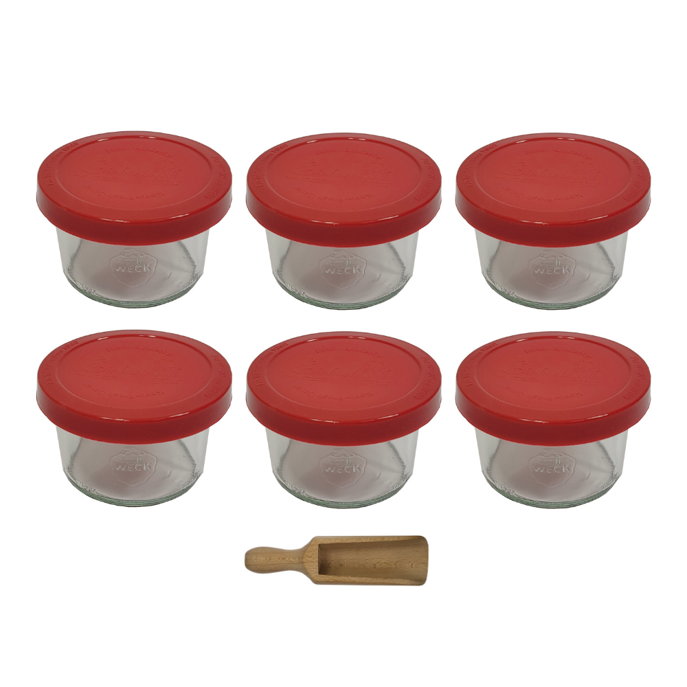Słoiki Weck 200ml pucharek MOLD żaroodporne silikonowe wieko 6szt miarka