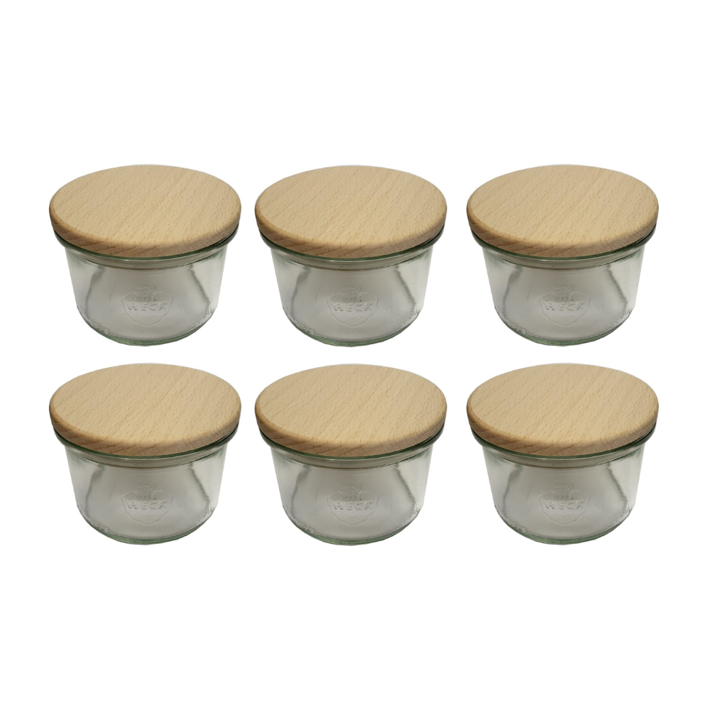 Słoiki Weck 200ml pucharek MOLD żaroodporne drewniane wieka 6szt SOLIDNE