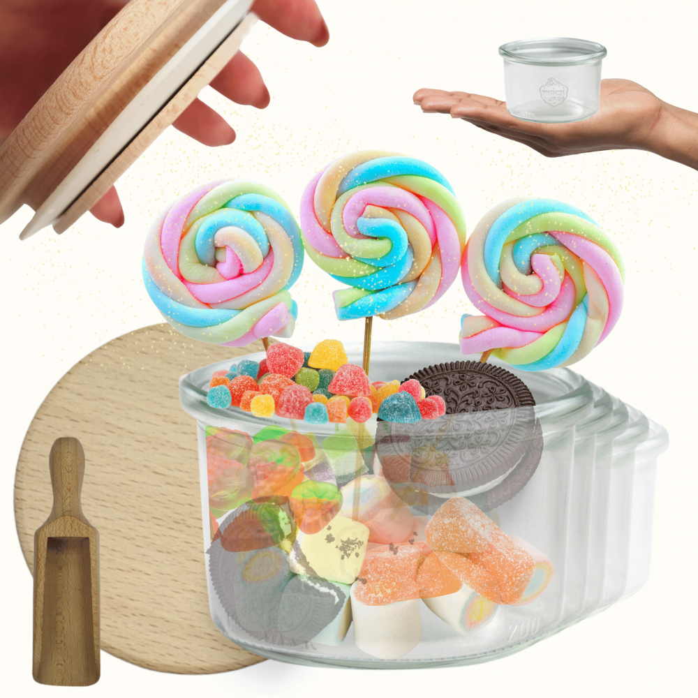 Słoiki Weck 200ml pucharek MOLD żaroodporne drewniane wieka 6szt miarka