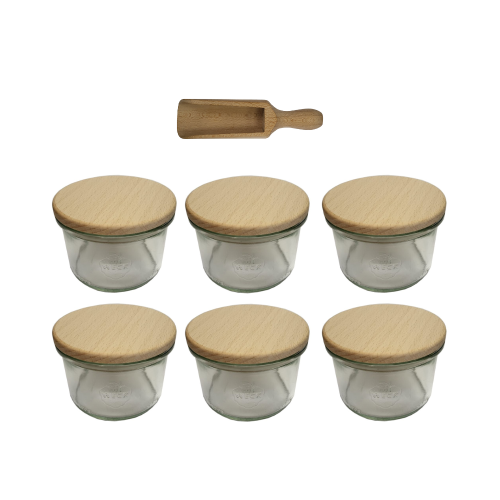 Słoiki Weck 200ml pucharek MOLD żaroodporne drewniane wieka 6szt miarka