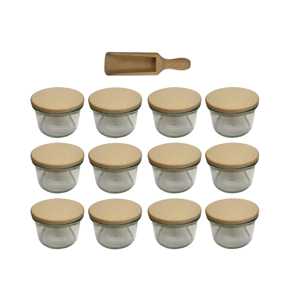 Słoiki Weck 200ml pucharek MOLD żaroodporne drewniane wieka 12szt miarka