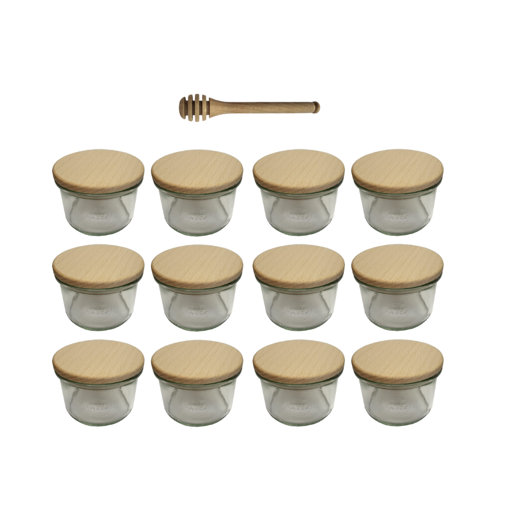 Słoiki Weck 200ml pucharek MOLD żaroodporne drewniane wieka 12szt nabierak