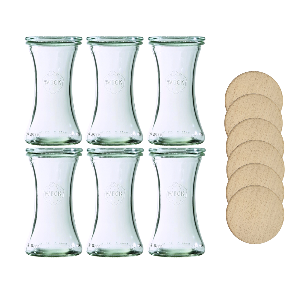 Słoiki Weck 200ml pucharek DELI żaroodporne drewniane wieka 6szt SOLIDNE