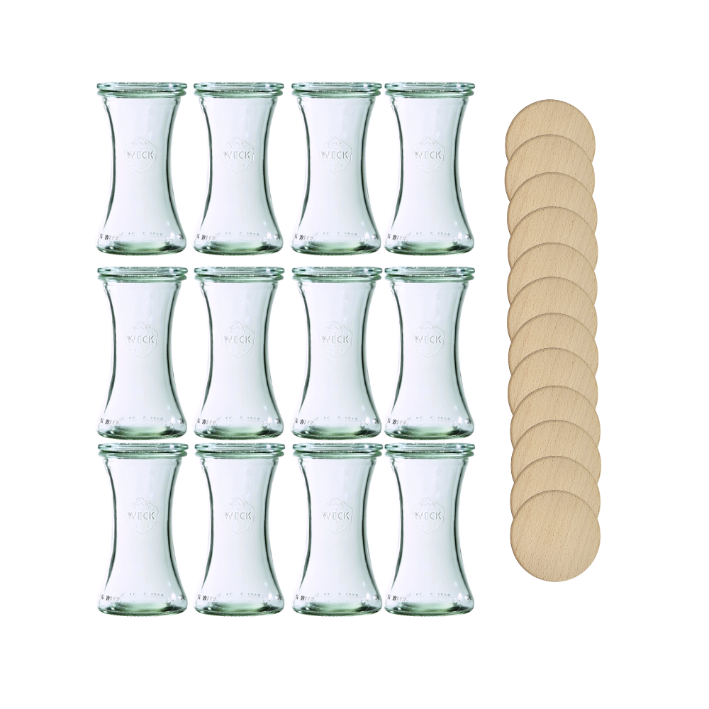 Słoiki Weck 200ml pucharek DELI żaroodporne drewniane wieka 12szt SOLIDNE