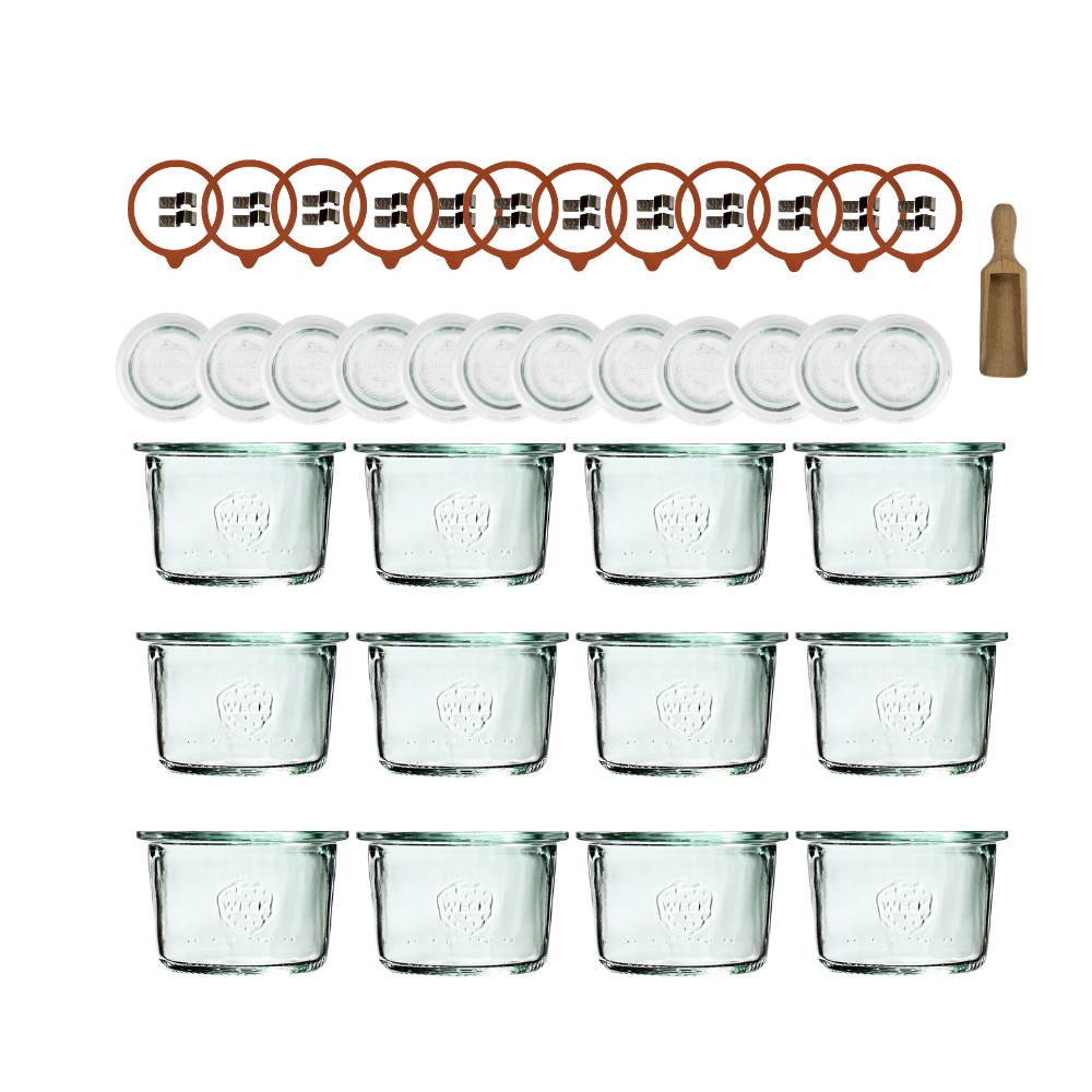 Słoiki Weck 80ml przetwory MOLD żaroodporne miara spinki wieko gumka 12szt