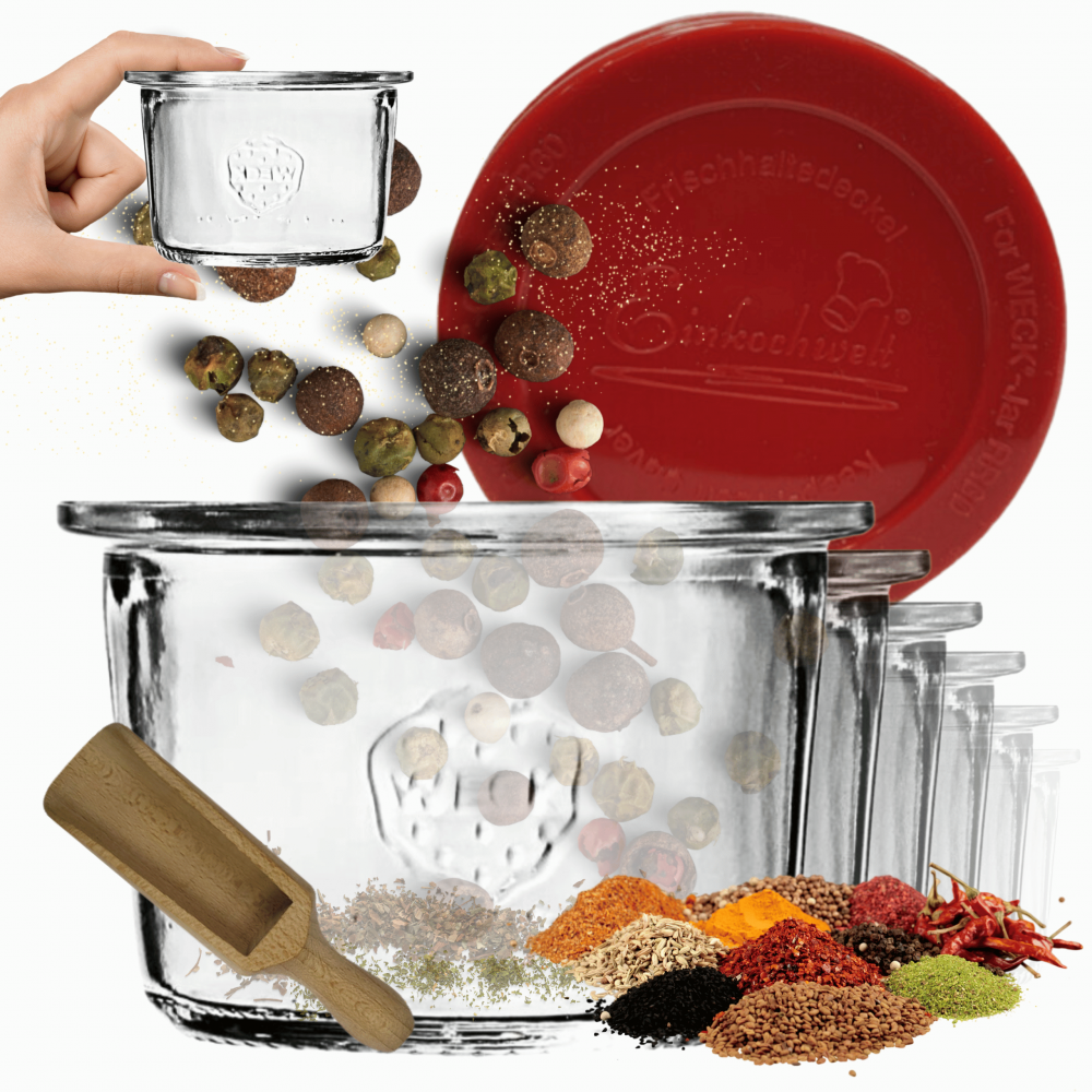 Słoiki Weck 80ml przetwory MOLD żaroodporne silikonowe wieko 12szt miarka