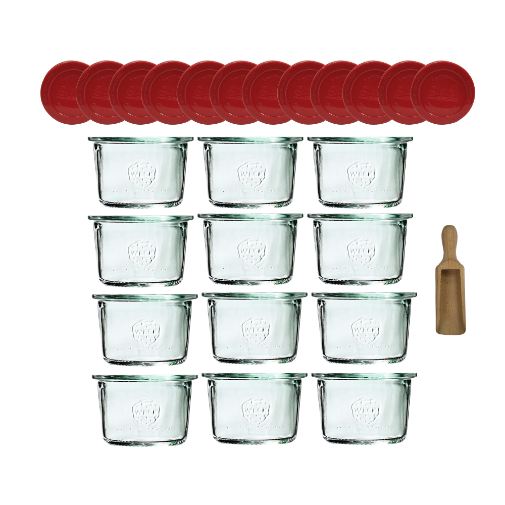Słoiki Weck 80ml przetwory MOLD żaroodporne silikonowe wieko 12szt miarka